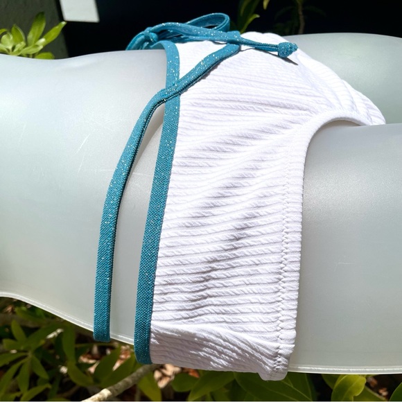 Free People Solid White Bikini Bottom Size S M L Blue Sparkle Rib High Waist - Picture 3 of 11
